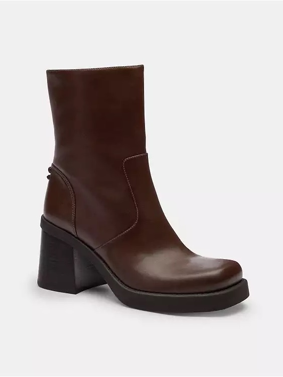 Coach Women's Dark Brown Leather Block Heel Ankle Boots
